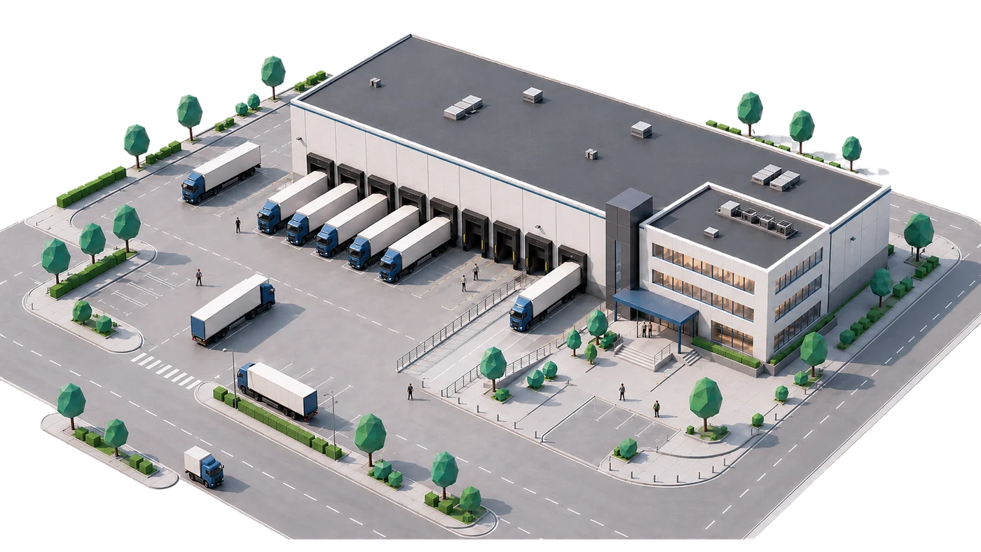 Isometrische Ansicht eines Logistik-Geländes: Lagerhalle mit Verladerampen, LKW und Bürogebäude