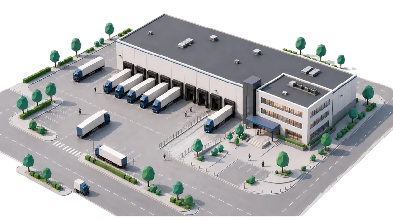 Isometrische Ansicht eines Logistikgeländes: Lagerhalle mit Verladerampen, LKW und Bürogebäude